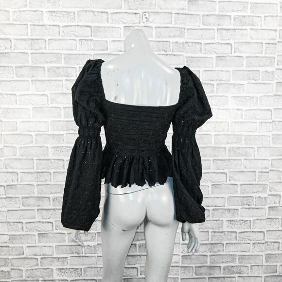 Caroline Constas Women's Wren Puff Sleeve Eyelet Embroidered top in Black sz XS - Picture 5 of 8